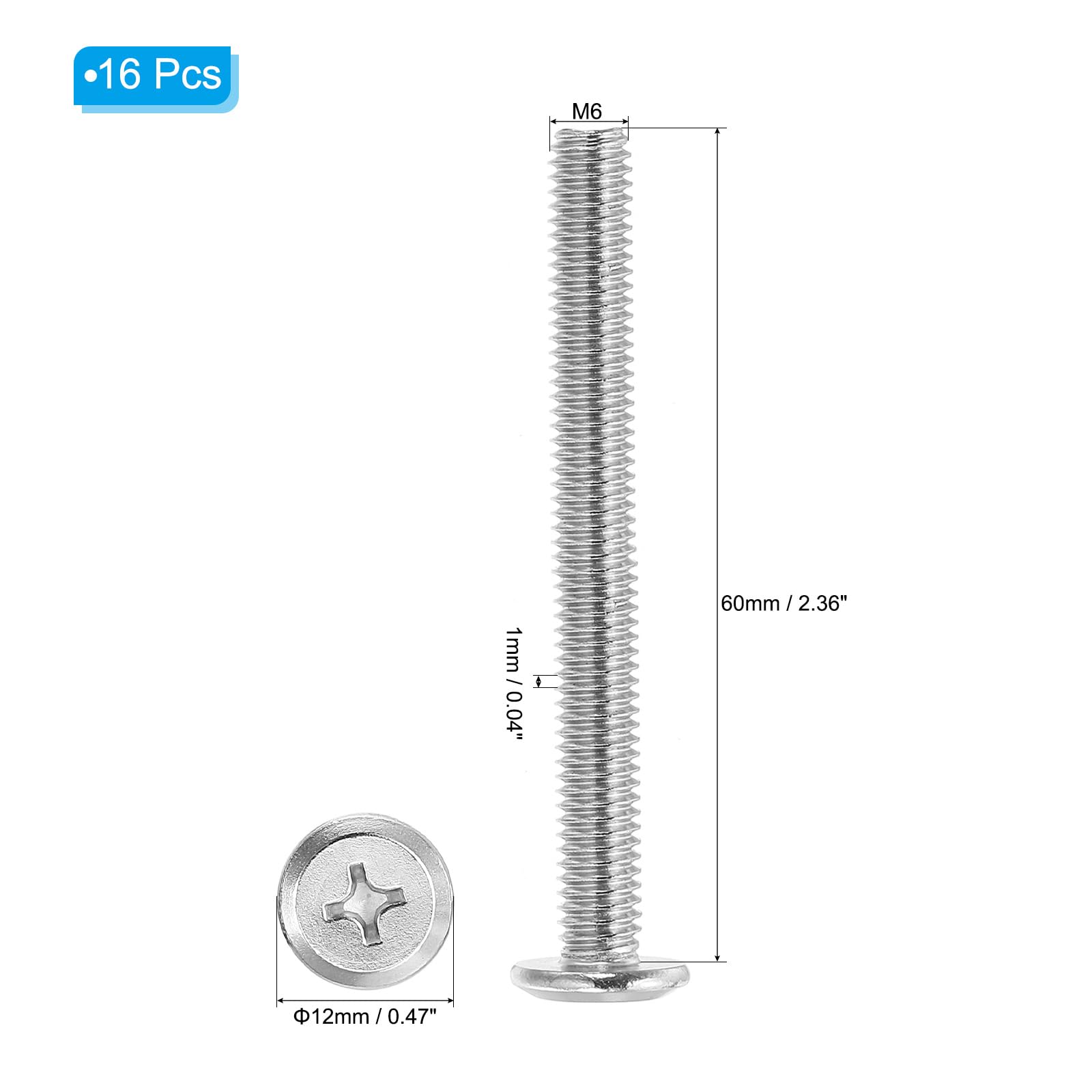 PATIKIL Flat Round Head Phillips Screws, 8 Pack M6-1 x 60mm Binding Screws 304 Stainless Steel 18-8 Full Thread - Image 2