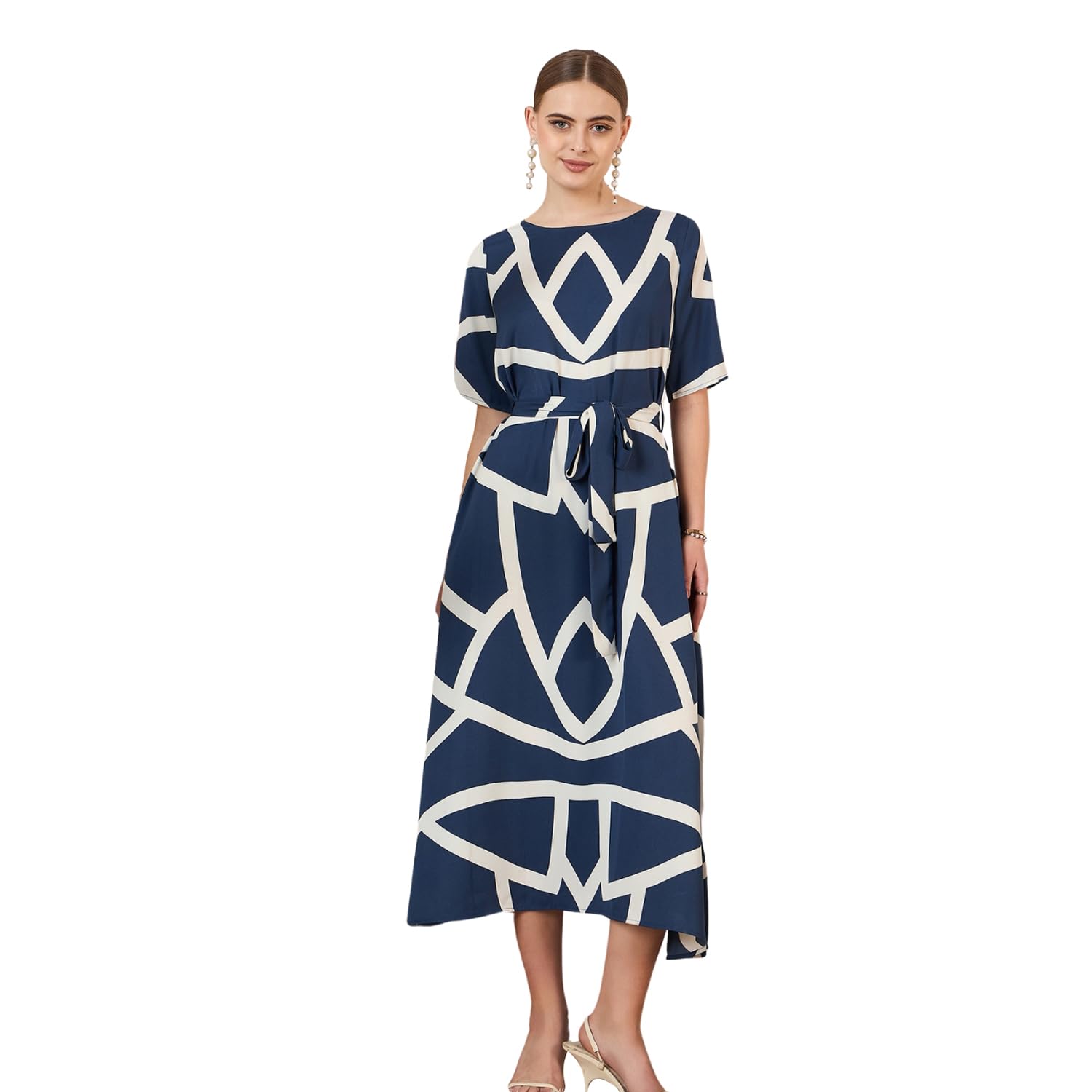 Berrylush Women Geometric Printed Round Neck Crepe Waist Tie-Up Flared Midi Dress
