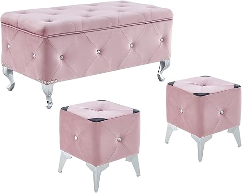 DRM'SCUUM Juego de banco otomano de almacenamiento grande de terciopelo, taburetes para sala de estar, dormitorio, con 2 otomanas tapizadas, color