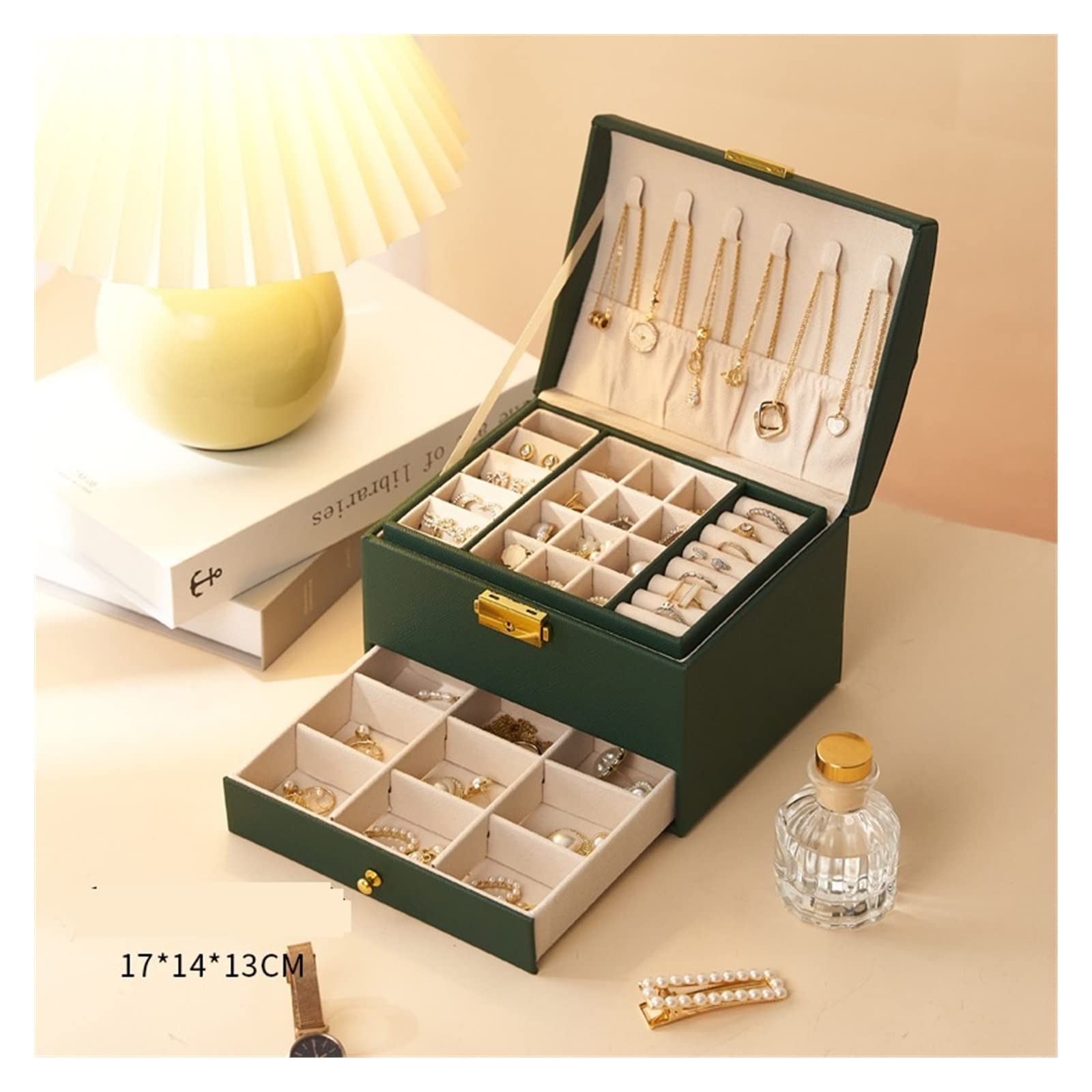 Scatola di Organizzatore di Gioielli Portagioie con serratura multistrato Organizer for gioielli con cassetto portatile Organizer for gioielli con anello for orecchini con divisori rimovibili Orecchin