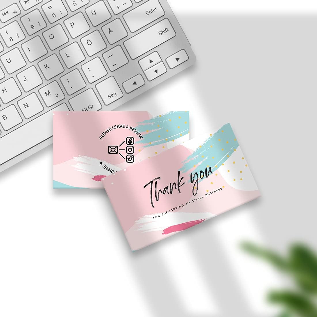 Andaz Press Thank You For Supporting My Small Business Cards, Pink Aqua Abstract Brush Strokes, 100-Pack, 2 x 3.5- Inch Business Card Size for Small Business Owners, Customer Thank You Package Inserts