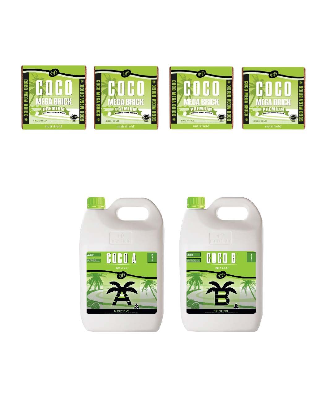 4 Coco Coir 11 Pound Mega Bricks + 5 Liter Coco A & 5 Liter Coco B Liquid Plant Nutrients Fertilizer