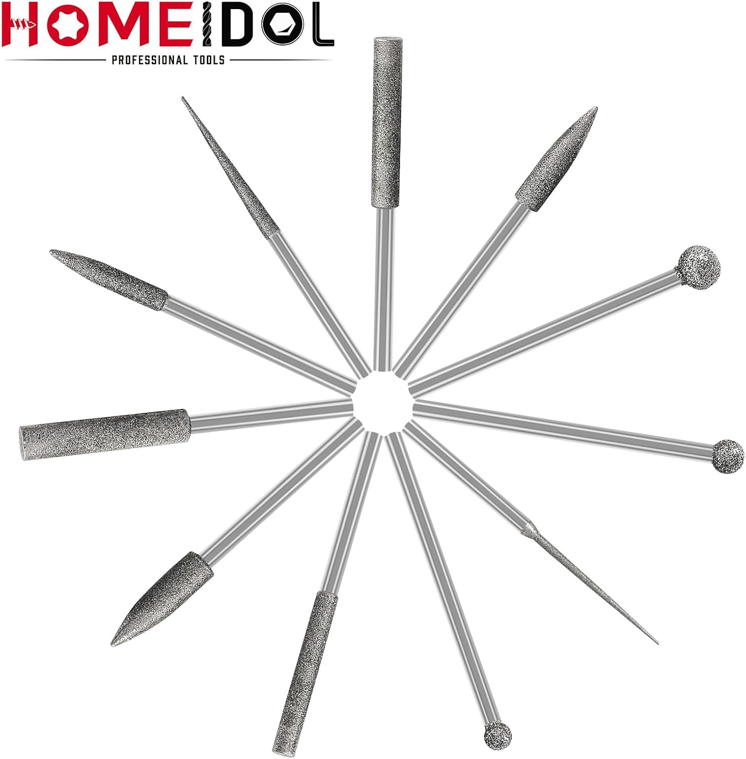 Stone Carving Set Diamond Burr Bits Compatible with Dremel, 11PCS Polishing Kits Rotary Tools Accessories with 1/8’ Shank For Carving, Engraving, Grinding, Stone, Rocks, Jewelry, Glass, Ceramics