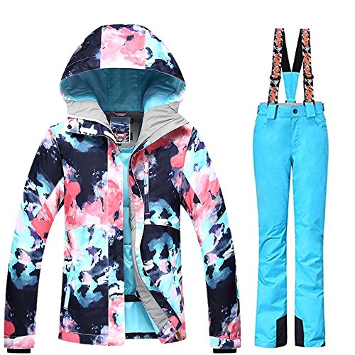 Women's Ski Bib Suit Jacket Waterproof Snowboard Colorful Printed Ski Jacket and Pants Set Large