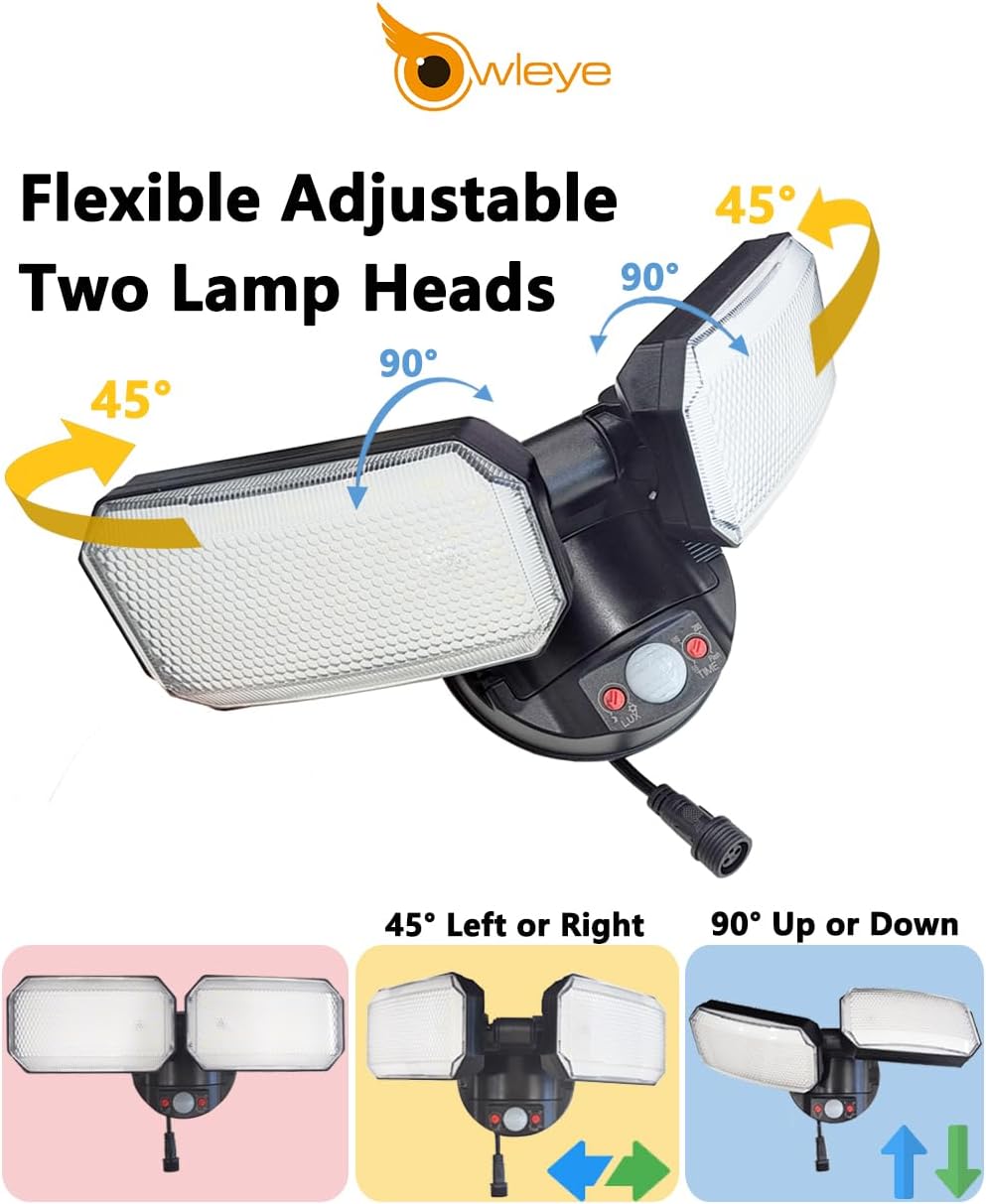 Owleye 2500LM LED Solar Flood Lights Outdoor with Motion, IP65 Waterproof Security Light with 2 Adjustable Head, 3600mAh 3.2V Battery Powered, Separate Solar Panel Lights for Yard, Garage