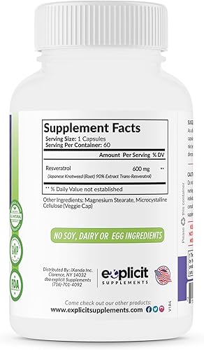 Miniatura 9 de Suplemento de resveratrol totalmente natural y puro, fuerza máxima de 1200 mg al día, 90% de extracto de trans resveratrol - 1 mes de suministro