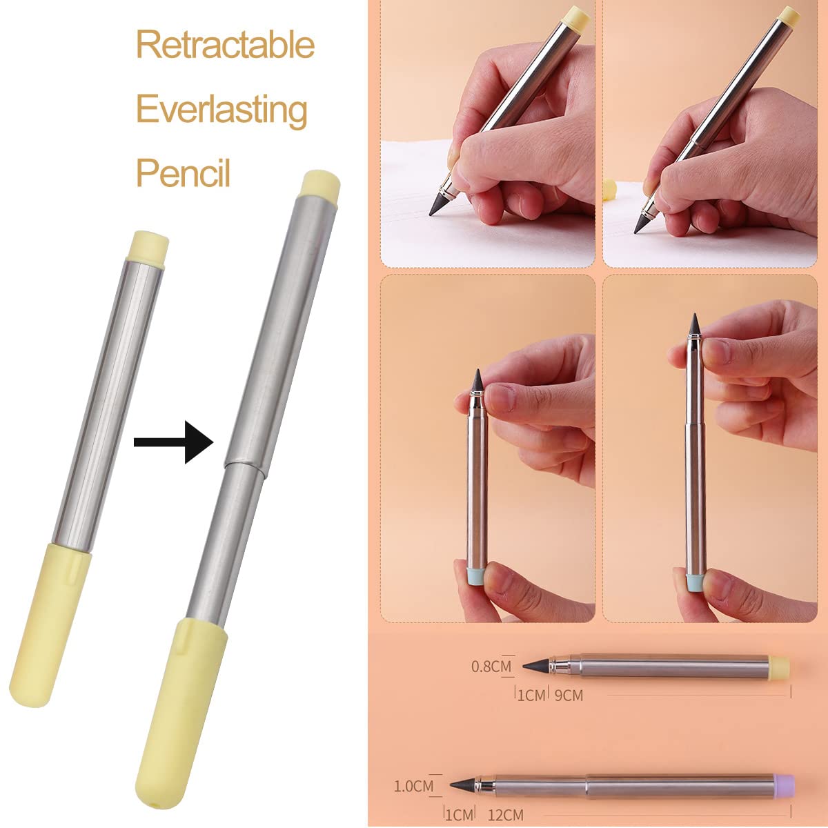 SIPLIV 4Pcs Inkless Everlasting Pencil Metal Inkless Signature Pen Retractable Pencils Unlimited Writing Pencil With 6Pcs Replacement Pen Heads - Image 4