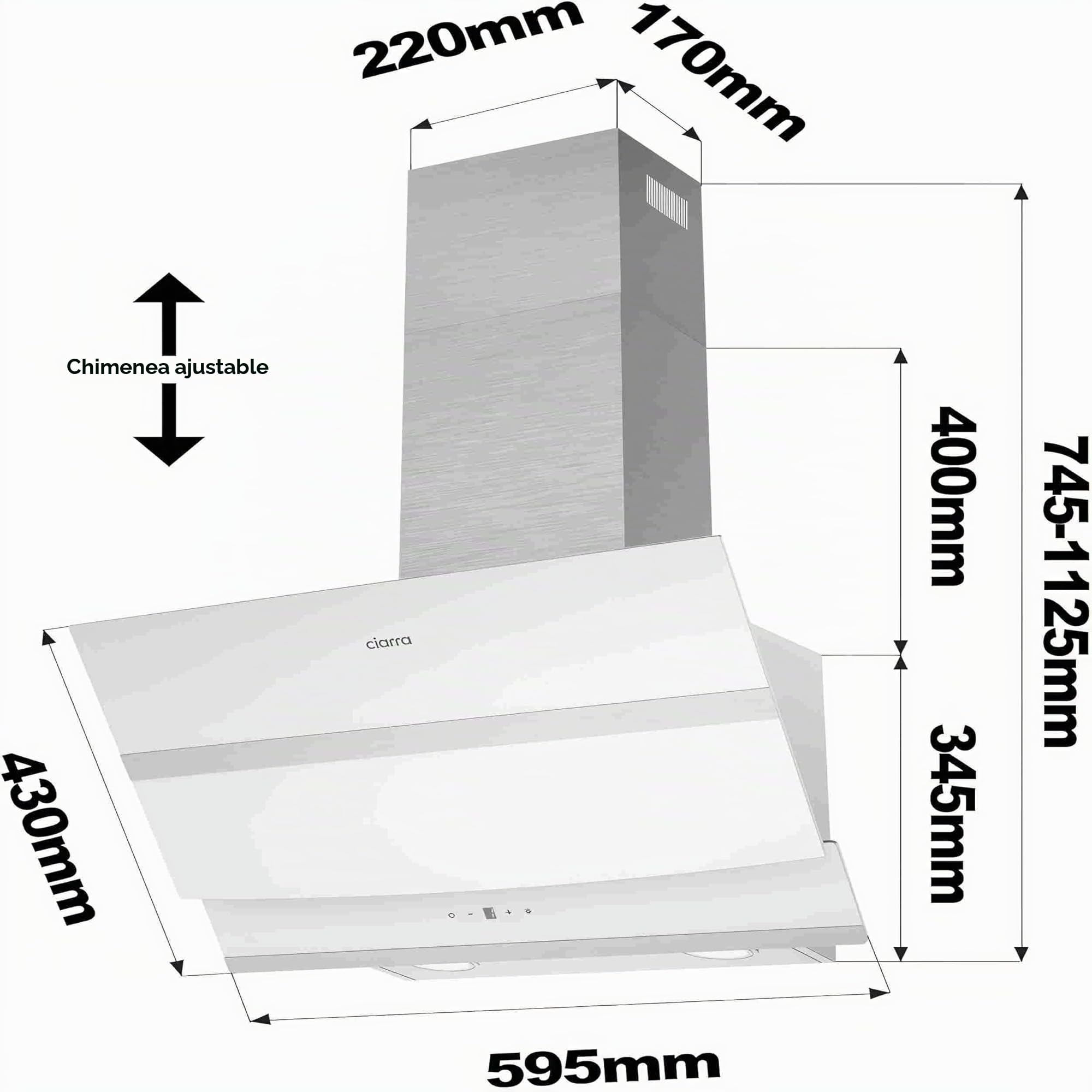 CIARRA Campana Extractora Inclinada 60 cm, A+++,650 m³/h,Touch,CBCW6736N | Blanco Panel Cristal Extractor | Recirculación/Evacuación | 4 Velocidades | Luz LED | Filtro Carbón CBCF003 No Incluido