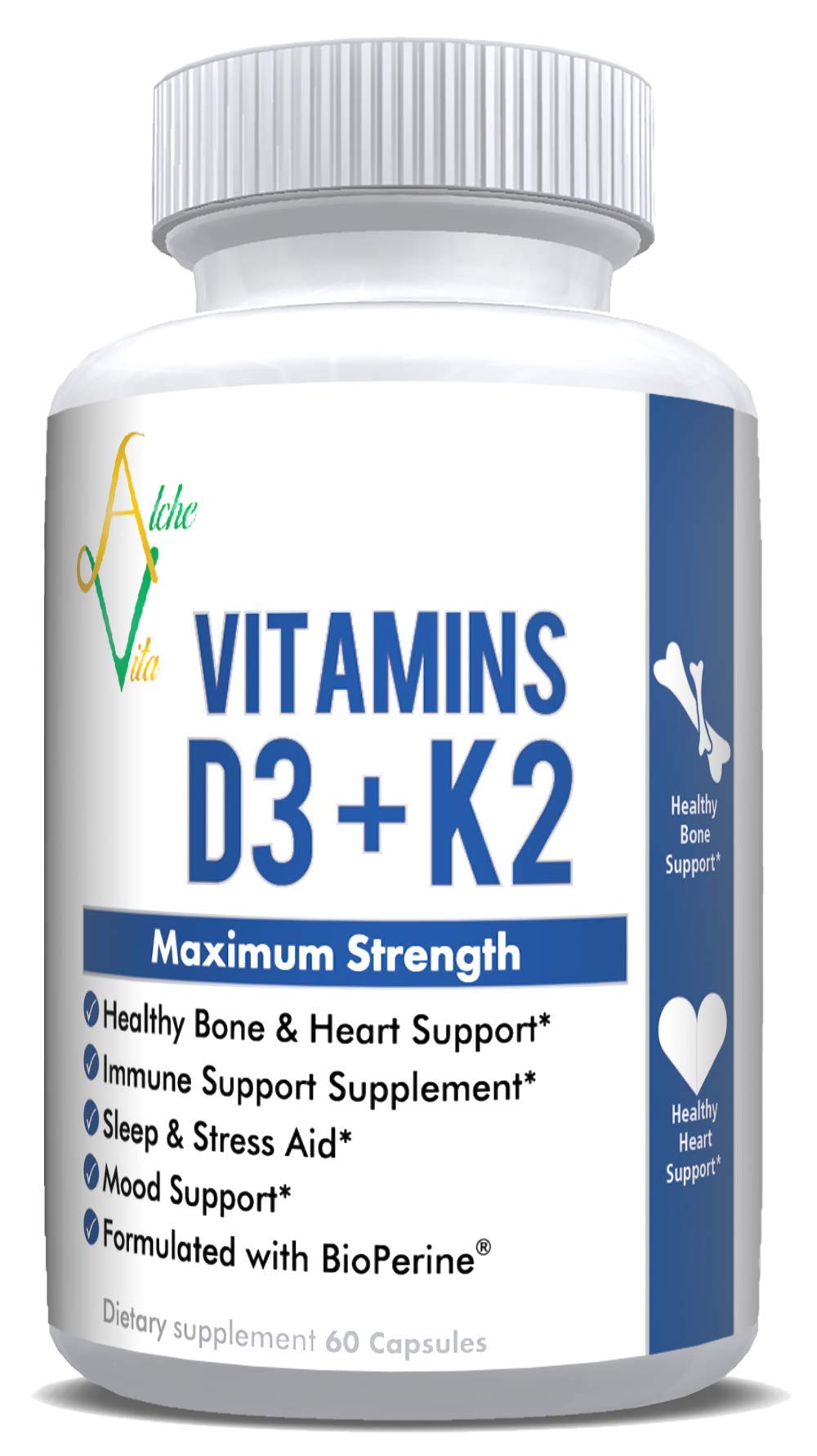AlcheVita Vitamins D3 (5000 IU) + K2 (mk7) + Calcium (210mg)- Maximum Strength Complex (3-in-1 Formula) - 60 Capsules | Supports Healthy Bones, Heart and Immune System - Sleep and Stress Aid