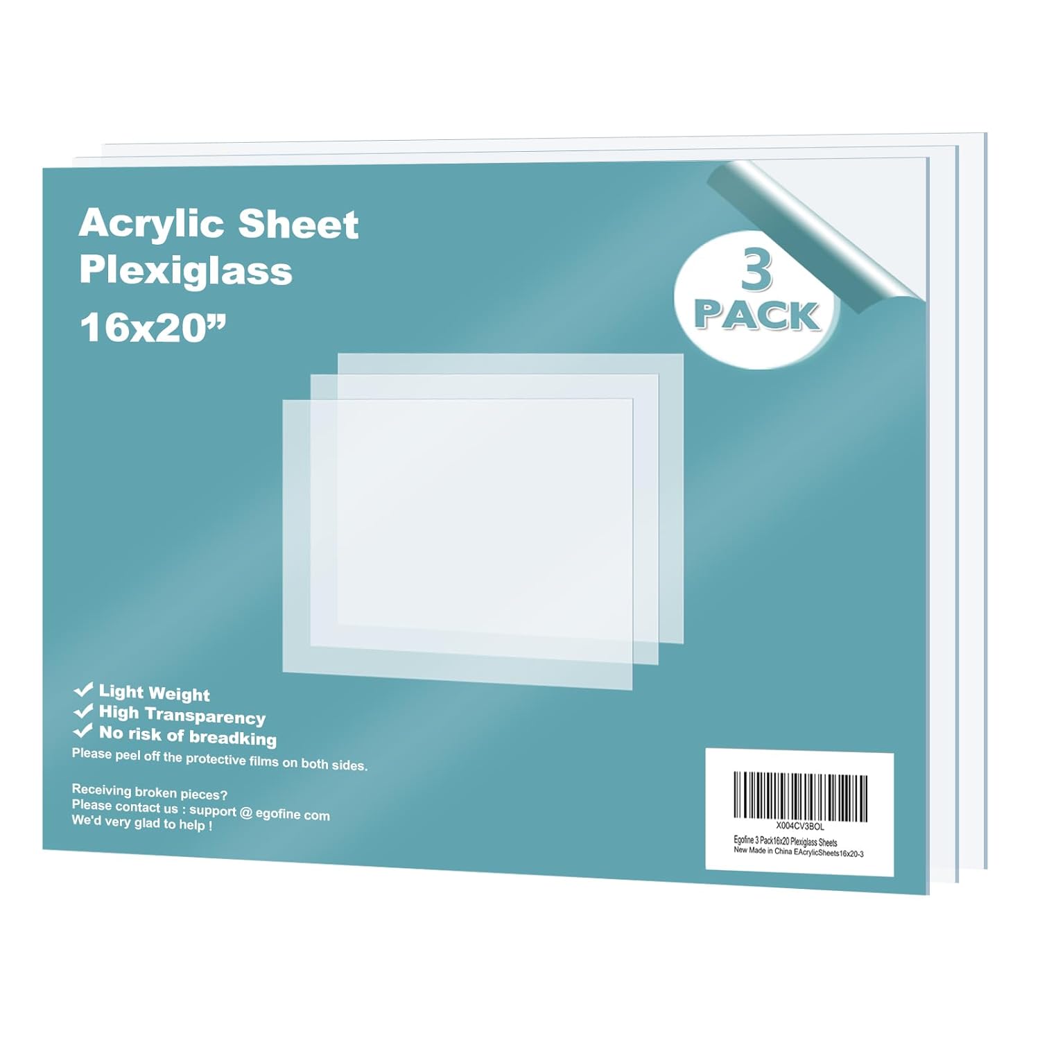 Egofine Plexiglass Sheets Acrylic Sheets 3 Pack of 16x20’’ 0.04 Thick Clear Plastic Cast Transparent Plexi Glass for Crafting Projects, Replacement Picture Frame Glass, DIY Display, Easy to Cut 16x20" Clear 3