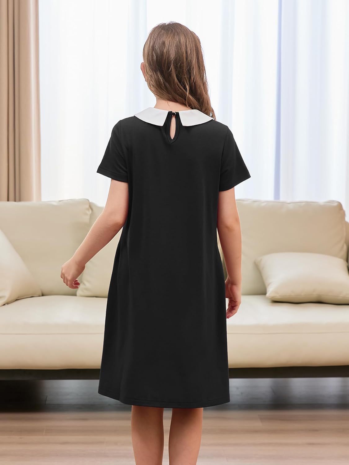 GORLYA Girls Vintage Collar Casual Loose Straight Swing T-Shirt Dress with Pockets 4-14Y - Image 2