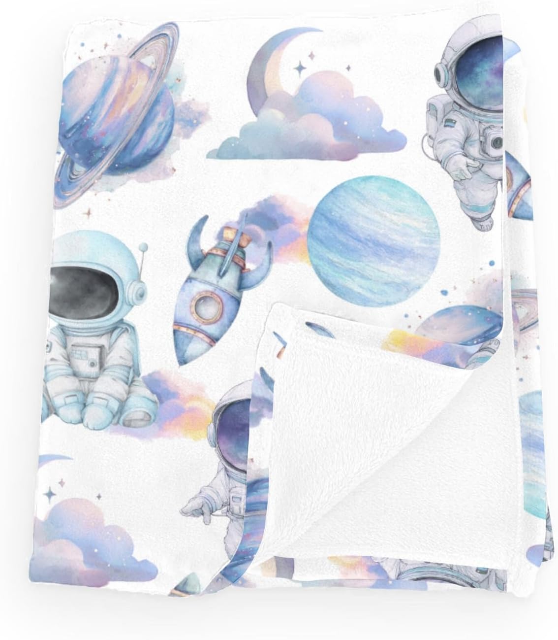 Watercolor Rockets Spaceships Astronauts Baby Boy Girl Blankets Cute Space Planets Moon Star Cloud Swaddle Blankets Cosmos Adventure Flannel Receiving Blankets Infant Blanket White 30x40inch