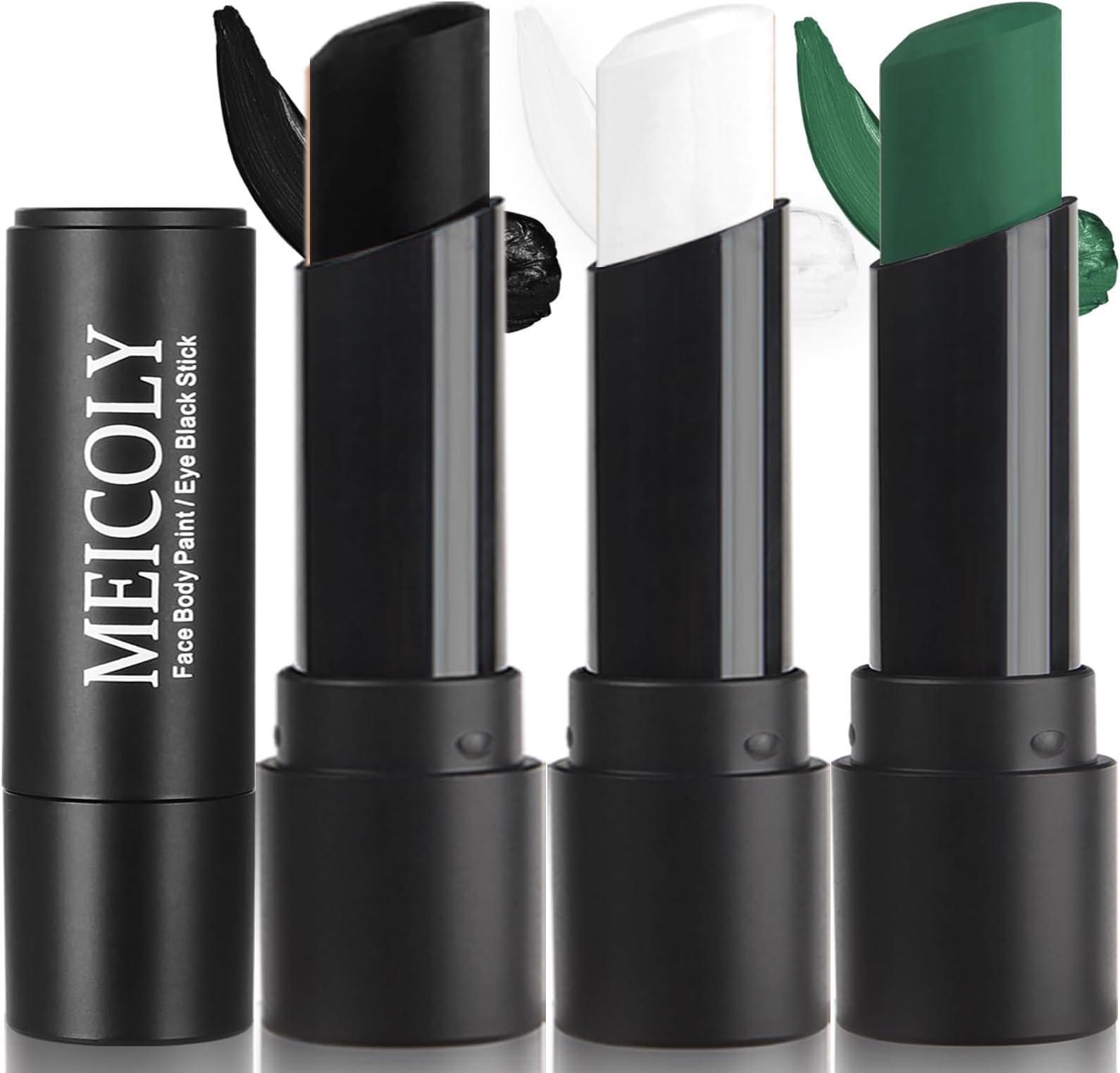 MEICOLY 3PCS Black White and Green Face Body Paint Stick,Waterproof Eye Black Baseball Softball Football,Face Paint Stick for Halloween SFX Cosplay Makeup