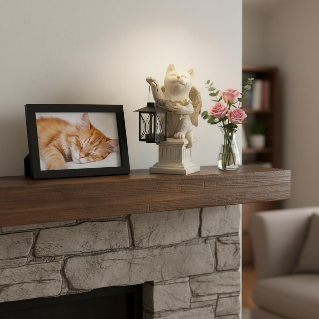 Comfy Hour 12.6" Cat Angel Memorial Statue with Lantern, Rustic Antique Vintage Figurine for Home Decor, Resin Pet Remembrance Sculpture for Outdoor Garden, Light Gray