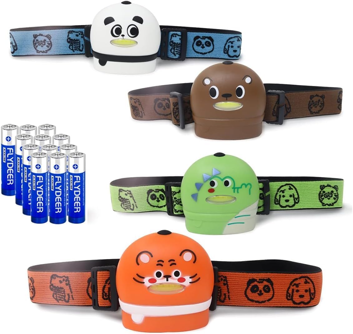 KunHe 4 Pack Kids Headlamp Christmas Stocking Stuffers Gifts for Girls Boys Adjustable LED Headlight for Camping Running with Animal Designs & Batteries Included