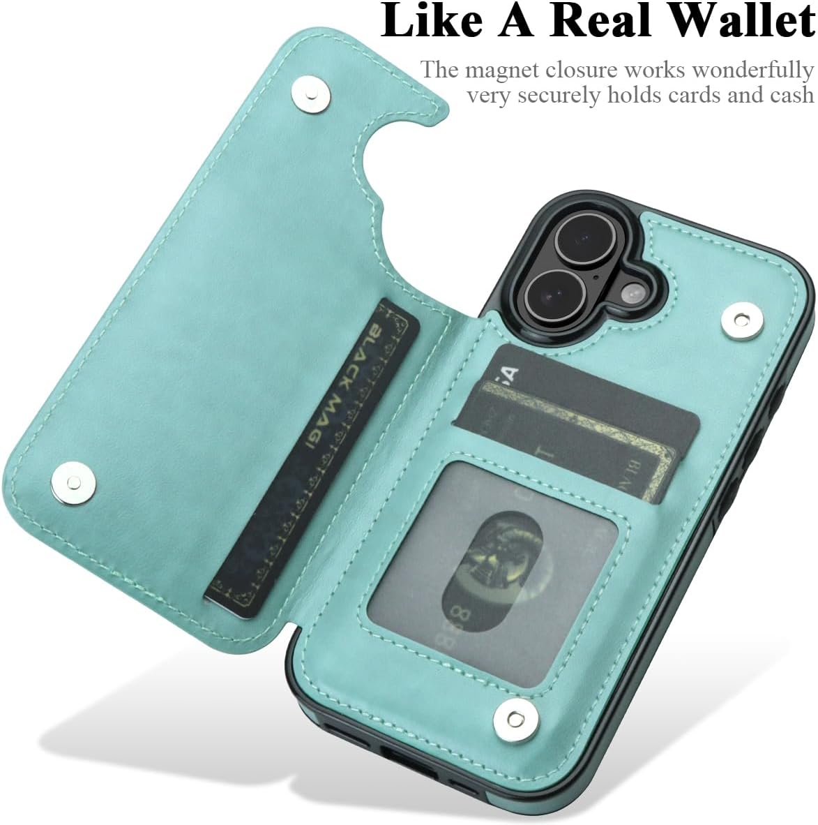 MMHUO for iPhone 17 Case with Card Holder,Flower Magnetic Buttons Protective Wallet Case for Women for iPhone 17 (6.3 Inch),Mint - Image 2