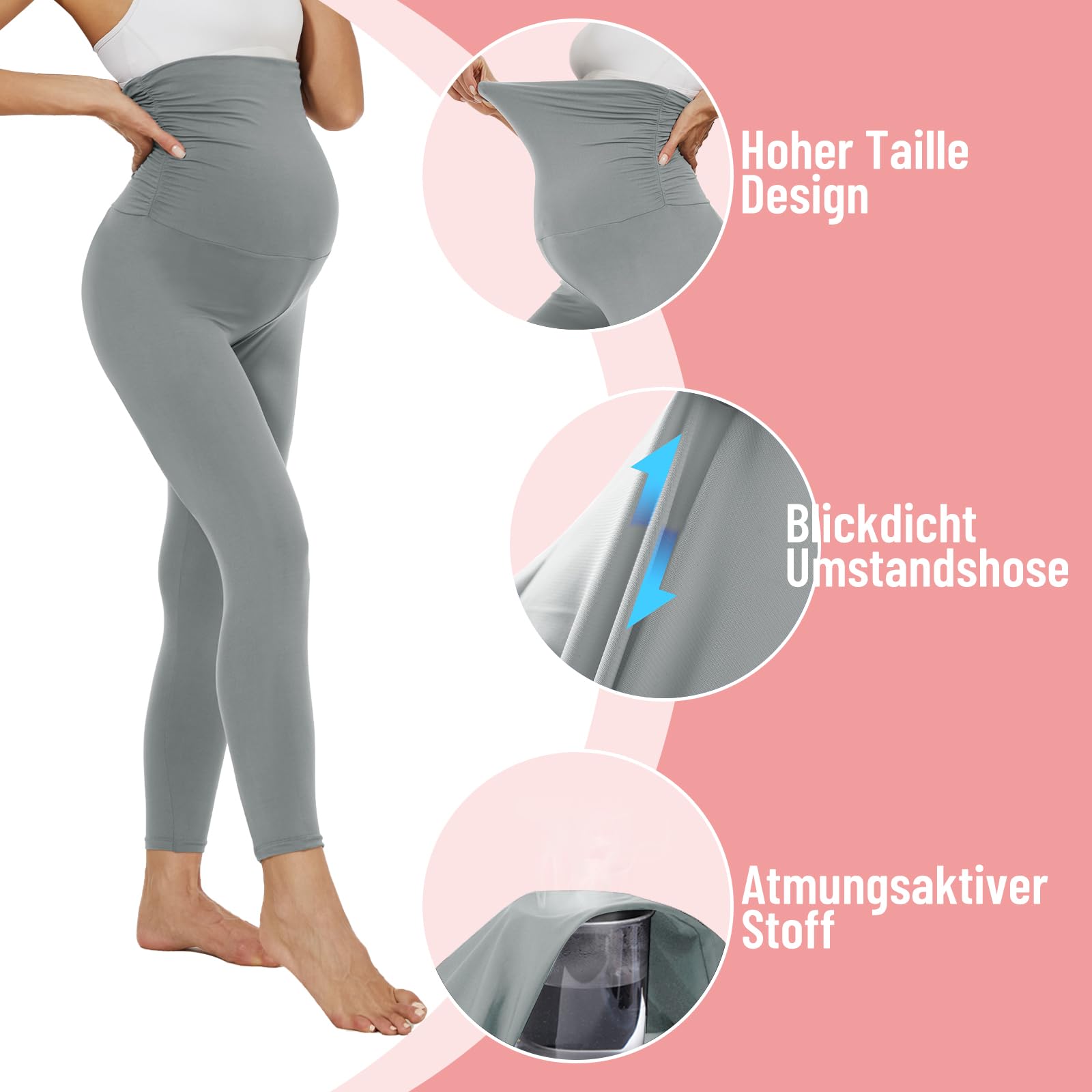 AMIYOYO Damskie legginsy ciążowe z wysokim stanem, nieprzezroczyste legginsy ciążowe, spodnie ciążowe, spodnie rekreacyjne, rozciągliwe, odzież ciążowa dla kobiet w ciąży, długie, jasnoszary, S