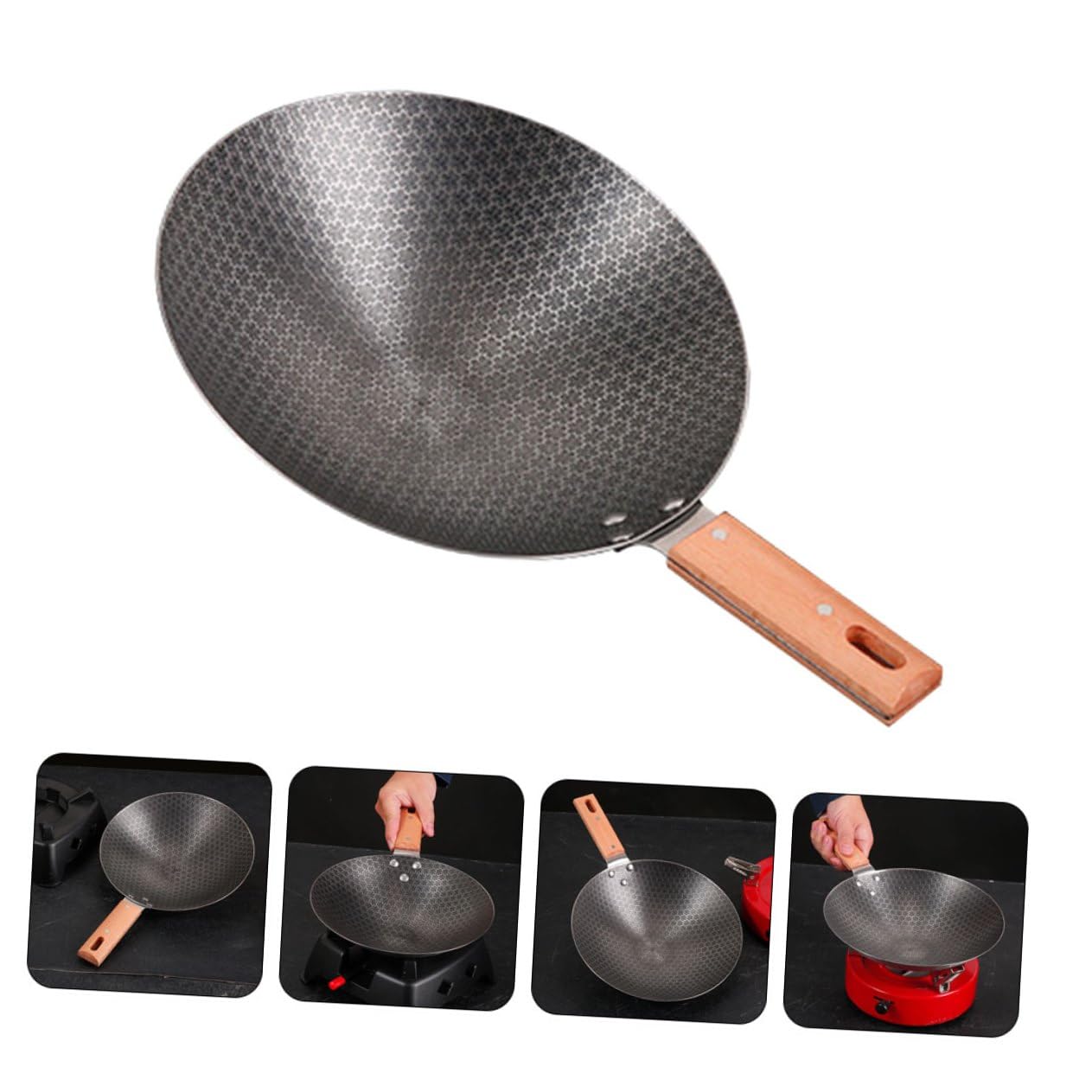 Gatuida Piccola Padella Wok da Esterno in Ferro Manico in Legno