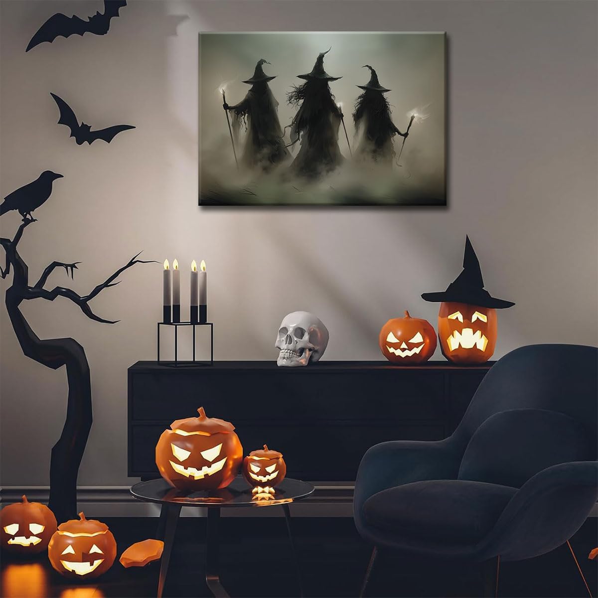 ILLBDR Halloween Vintage Witchy Wall Art Prints Creepy Gothic Dark Moody Pictures Decor Dark Academia Witches Victorian Painting Canvas Posters for Bedroom Bathroom 16x24 inch Framed