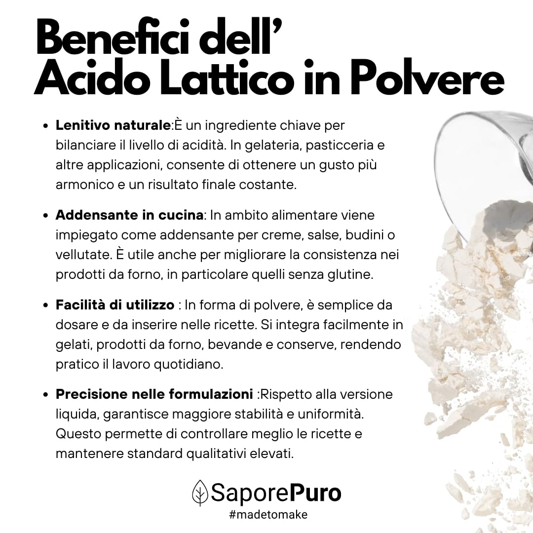 SaporePuro Acido Lattico in Polvere 80 g – Qualità Alimentare Pura - Per Panificazione, Latticini, Bevande Fermentate e Uso Cosmetico