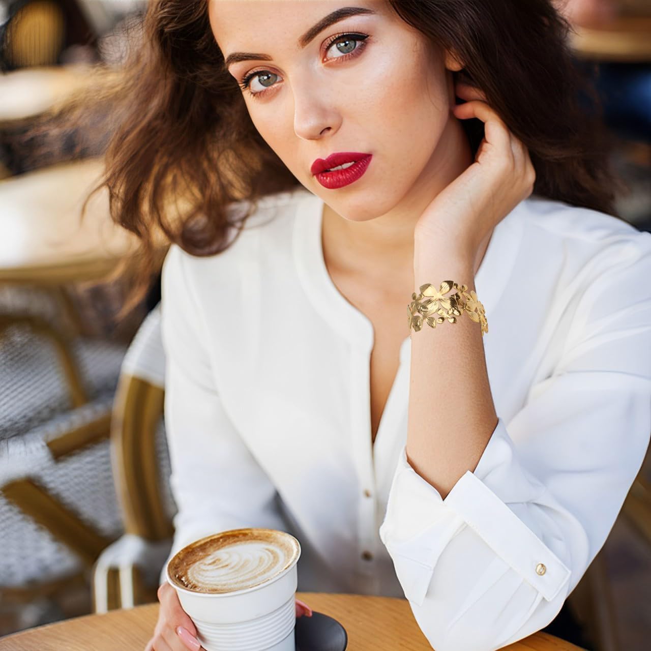 18k Gold Plated Adjustable Cuff Bracelets Personalized Open Wide Leaf Natural Stone Cuff Bangle Buckle Bracelet Jewelry Birthday Valentine's Day Gift for Women - Image 3