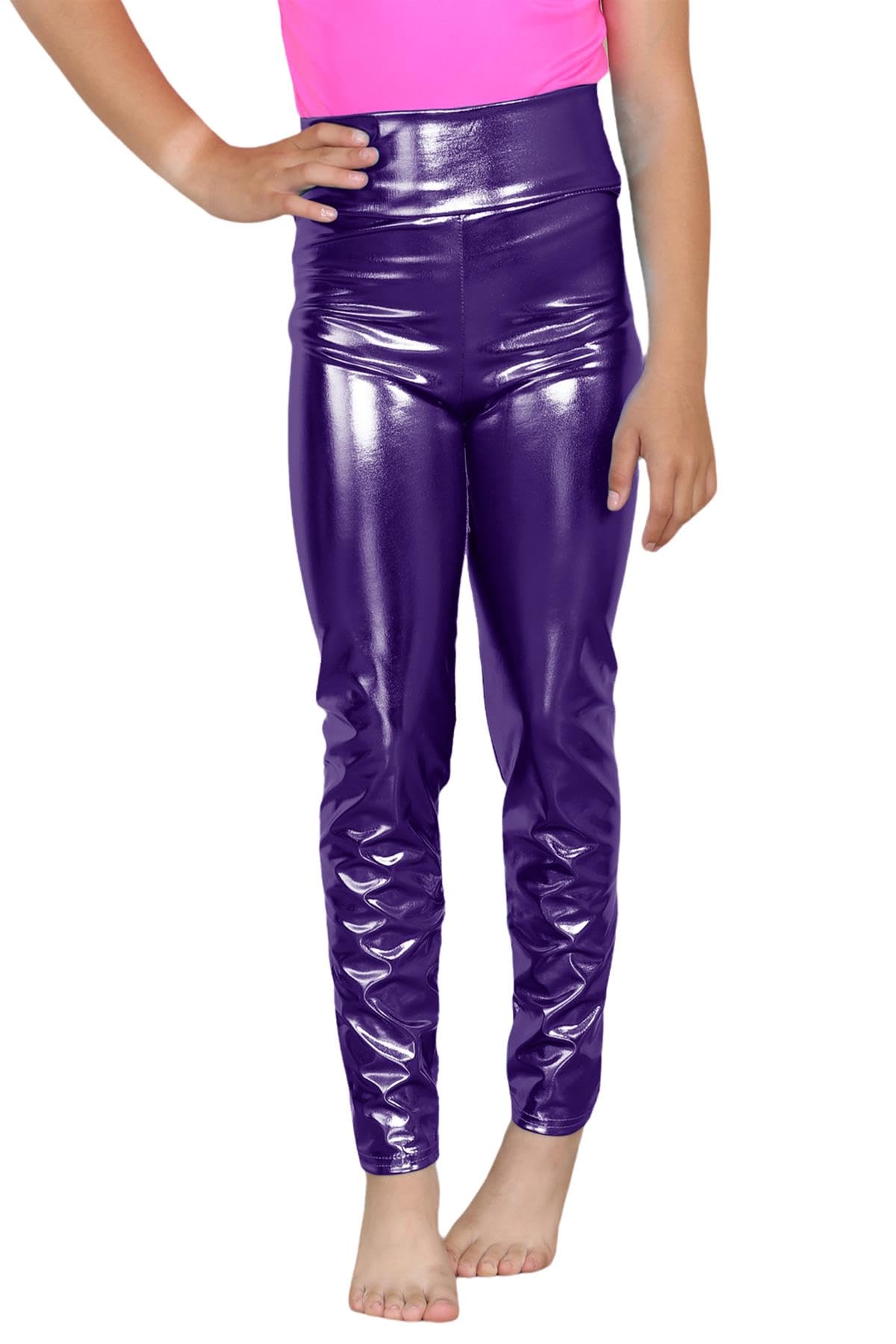 Hamishkane Girls Purple Metallic High Waist Leggings Kids Plain Wet Look Shiny Sports Dance Party Pants