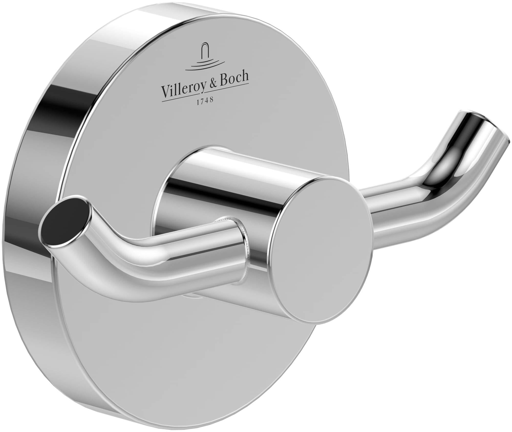 Villeroy & Boch Elements Tender podwójny wieszak na ręczniki, wieszak na ręczniki do montażu na ścianie, hak ścienny z cynku, akcesoria łazienkowe, okrągły, 76 x 32 x 54 mm – chrom
