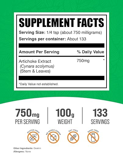 Miniatura 2 de BulkSupplements. com Extracto de alcachofa en polvo - Suplemento herbario, procedente de hoja de alcachofa y tallo - Sin gluten - 750 mg por
