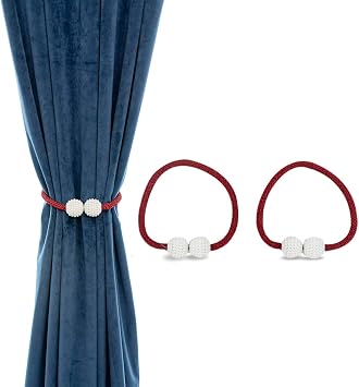 2 Pack Magnetic Curtain Tiebacks Convenient Drape Tie Backs Pearl Decorative Rope Holdback Holder for Small, Thin or Sheer Window Drapries Red, Pearl Magnetic Curtain Tieback