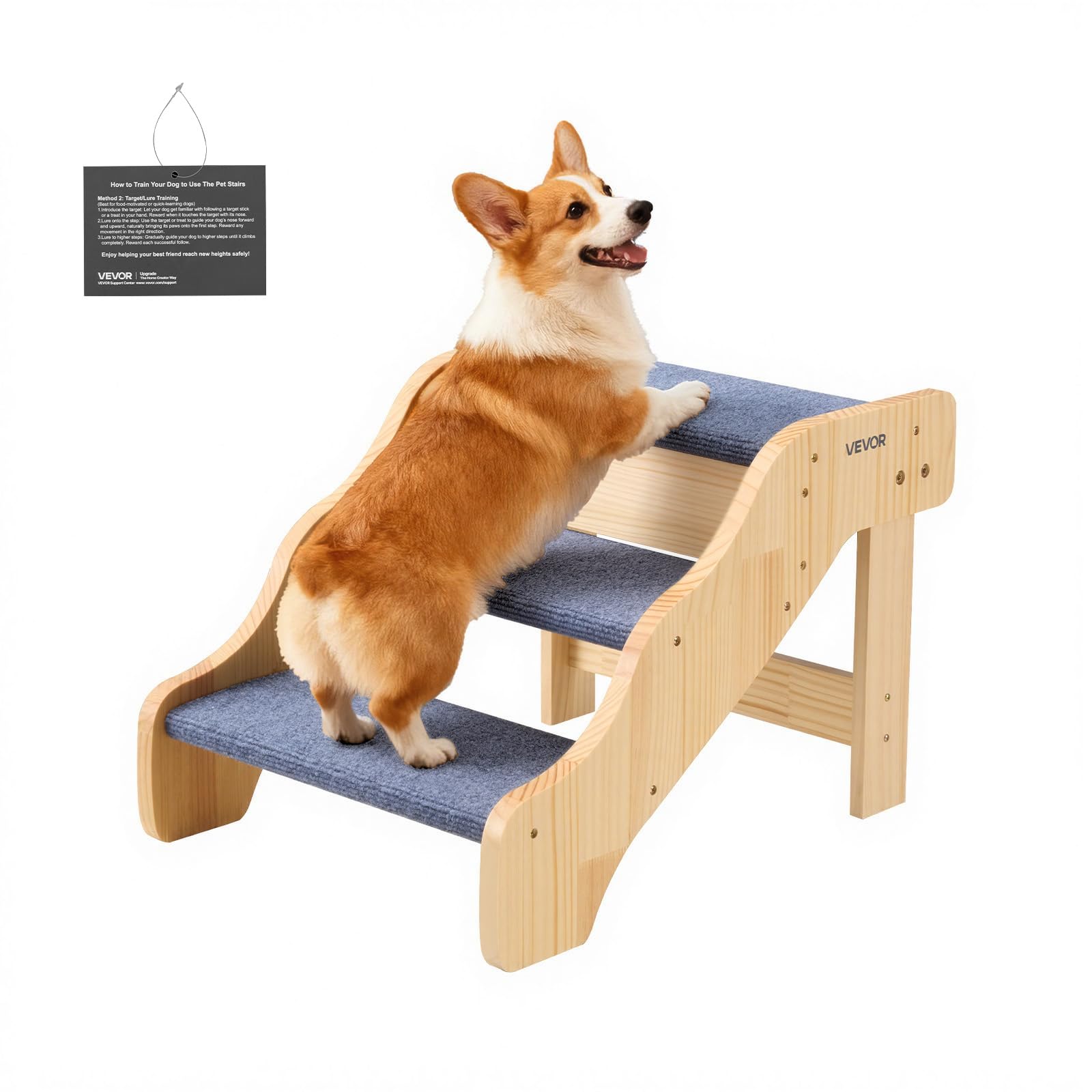 vevor wood pet stairs, 3-step dog stairs for high beds, sofa & cars, 150lbs load capacity, non-slip surface, stable cat & dog step ladder for small medium large older pet puppy essentials