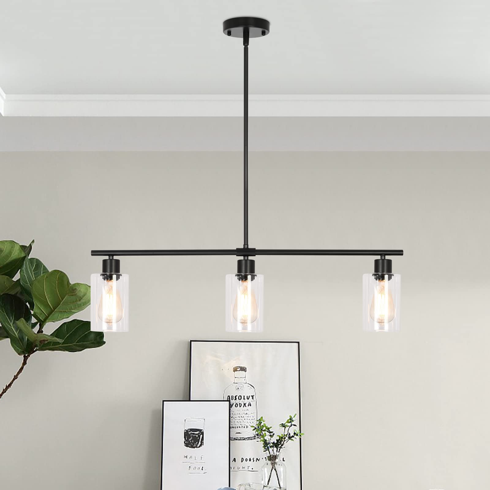 LWYTJO Pendant Lighting for Kitchen Island, 3 Lights Pendant Lights Black, Modern Farmhouse Chandelier with Glass Shades, Light Fixtures Ceiling Hanging For Living & Dining Room Bedroom Entryway Foyer