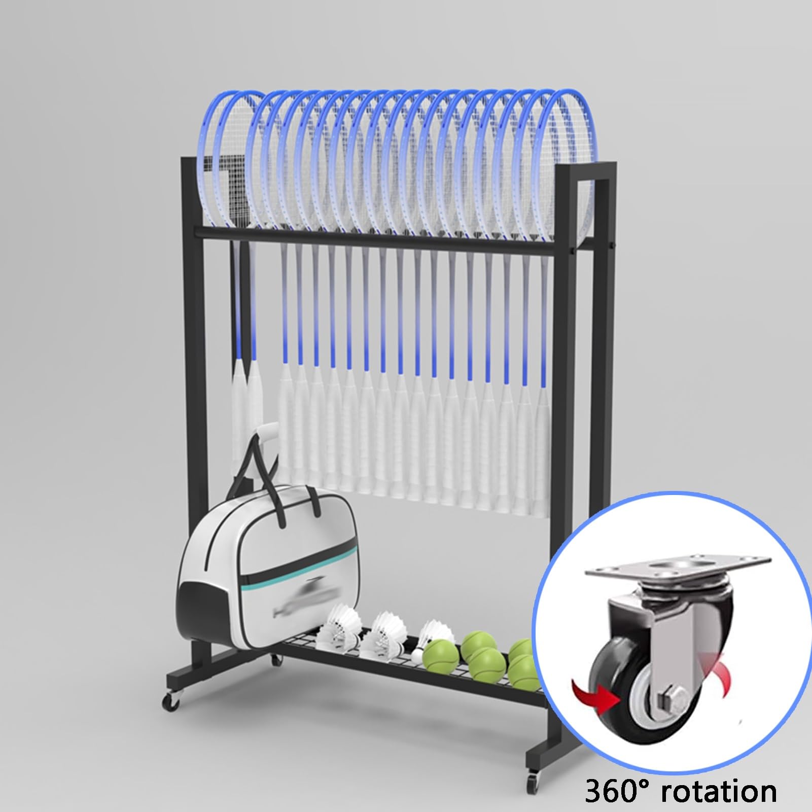 Scaffale da pavimento per racchette da tennis con carrello mobile per attrezzature sportive commerciali per negozi al dettaglio (75 x 20 x 78 cm C)
