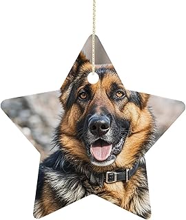 Ceramic Star Christmas Ornaments with Gold Ribbon - 2.7 Inch German Shepherd Dog Porcelain Hanging Pendants for Xmas Tree Decor, Holiday Home Decoration Gifts