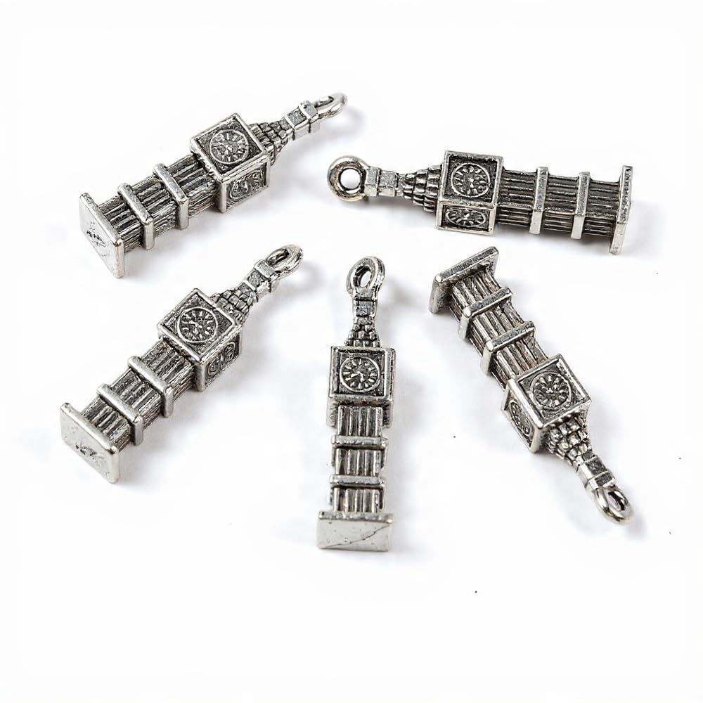 Royal Swan 10 Pcs Big Ben Clock Charms Tibetan Style Alloy Pendants,Houses of Parliament, Antique Silver, 27x6x6mm, Hole: 1.6mm. London Landmark for Making Jewelry, Keychains, Etc.