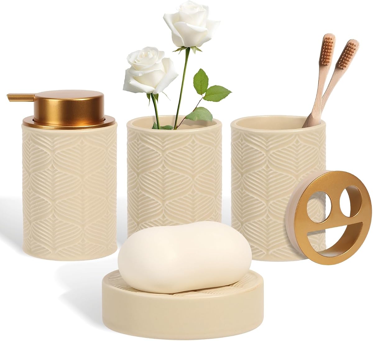 Ceramic Bathroom Accessories Set, 4 Pcs-Includes Lotion Soap Dispenser, Toothbrush Holder, Vanity Tray, and Tumbler, Modern Bathroom Decor Organizer with Soap Dish, Apothecary Jar, Beige Color