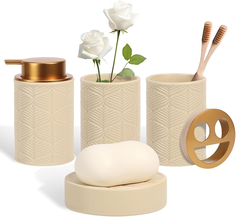 Ceramic Bathroom Accessories Set, 4 Pcs-Includes Lotion Soap Dispenser, Toothbrush Holder, Vanity Tray, and Tumbler, Modern Bathroom Decor Organizer with Soap Dish, Apothecary Jar, Beige Color