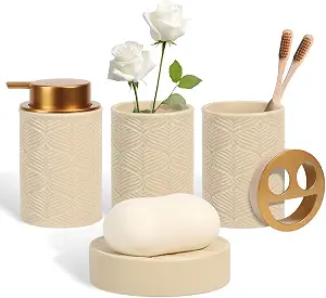 Kukikan Ceramic Bathroom Accessories Set, 4 Pieces - Lotion Dispenser, Toothbrush Holder, Vanity Tray, Tumbler, Beige