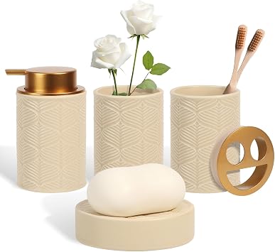 Kukikan Ceramic Bathroom Accessories Set, 4 Pcs-Includes Lotion Soap Dispenser, Toothbrush Holder, Vanity Tray, and Tumbler, Modern Bathroom Decor Organizer with Soap Dish, Apothecary Jar, Beige Color