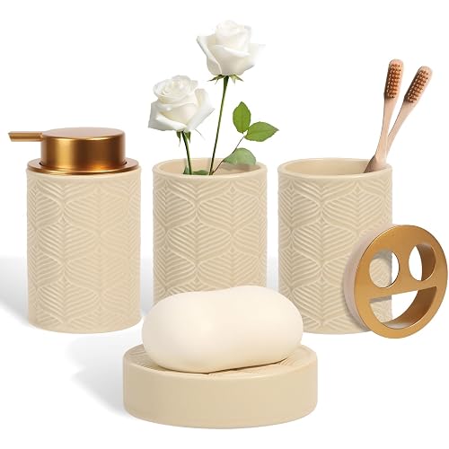 Kukikan Ceramic Bathroom Accessories Set, 4 Pcs-Includes Lotion Soap Dispenser, Toothbrush Holder, Vanity Tray, and Tumbler, Modern Bathroom Decor Organizer with Soap Dish, Apothecary Jar, Beige Color