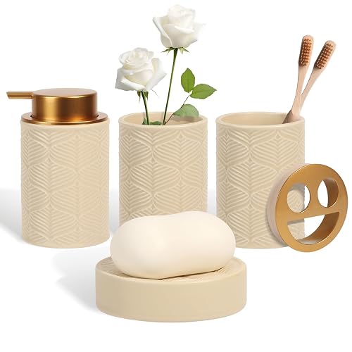 Kukikan Ceramic Bathroom Accessories Set, 4 Pcs-Includes Lotion Soap Dispenser,