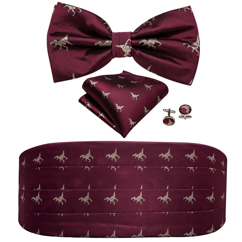 RWRAPS Fascia da Smoking da Uomo in Seta Rossa con Papillon, Fazzoletto, Gemelli, Cintura da Matrimonio per Uomo, Abito da Smoking (Colore : A, Taglia : Taglia Unica) (Rosso Taglia Unica)