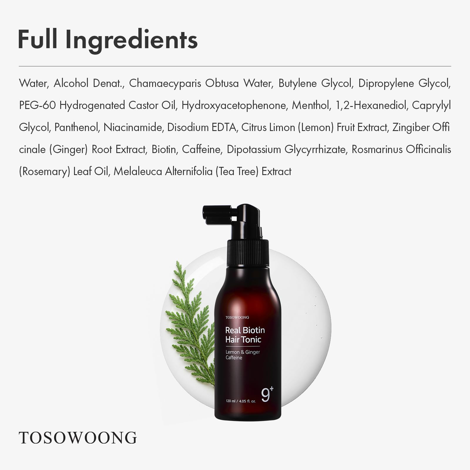 TOSOWOONG Real Biotin Scalp Tonic for Men & Women | Kopfhaut- & Haarpflege-Spray | Sofortkühlend, Nährend | Koffein, Rosmarinöl, Teebaum | K-Beauty 120ml / 4.05 fl.oz.