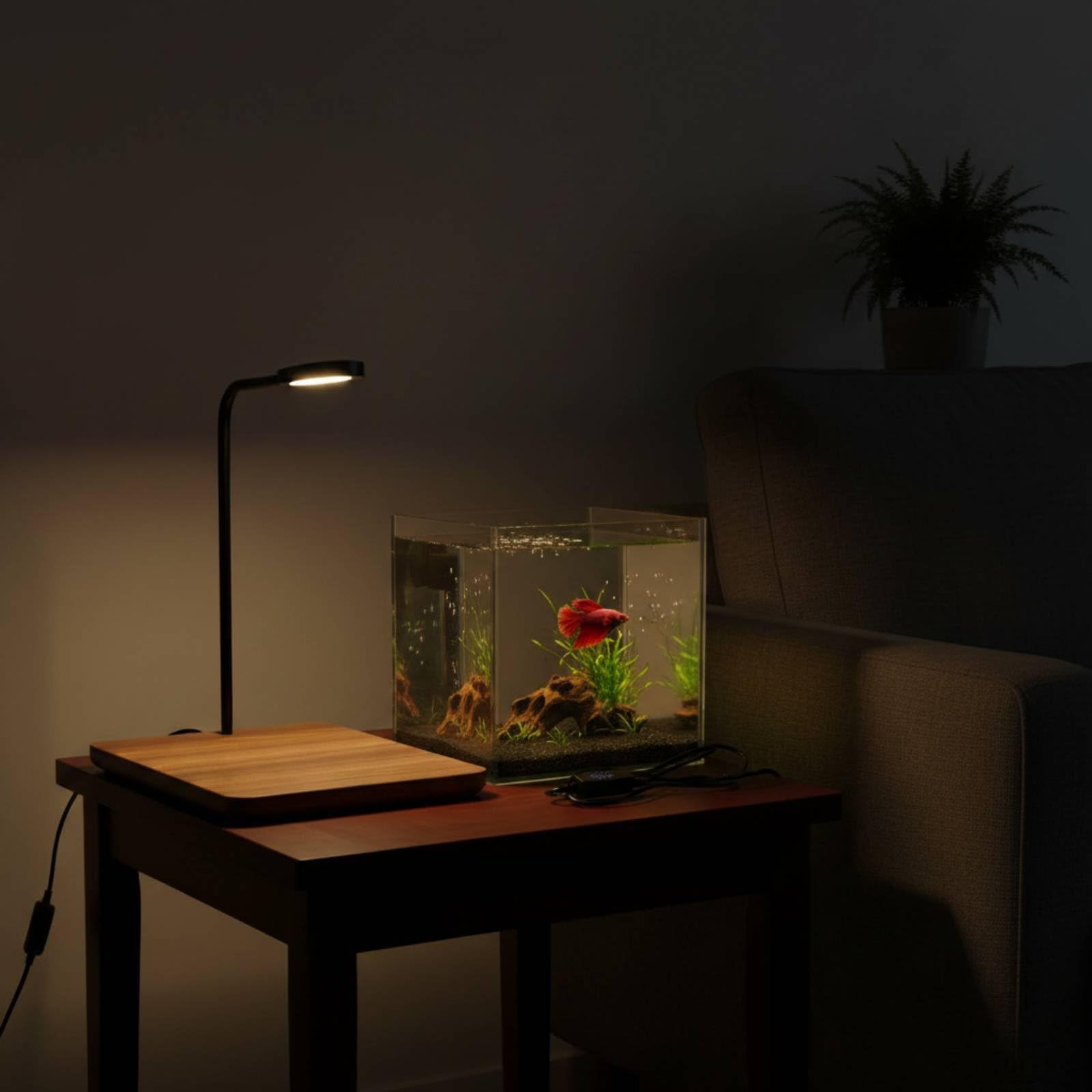 Lampe Aquarium LED Éclairage pour Aquarium Lampe Plantes Lumières d'Intérieur Col Réglable Contrôle de Luminosité et Couleurs Support en Bois USB, Noyer, Grand