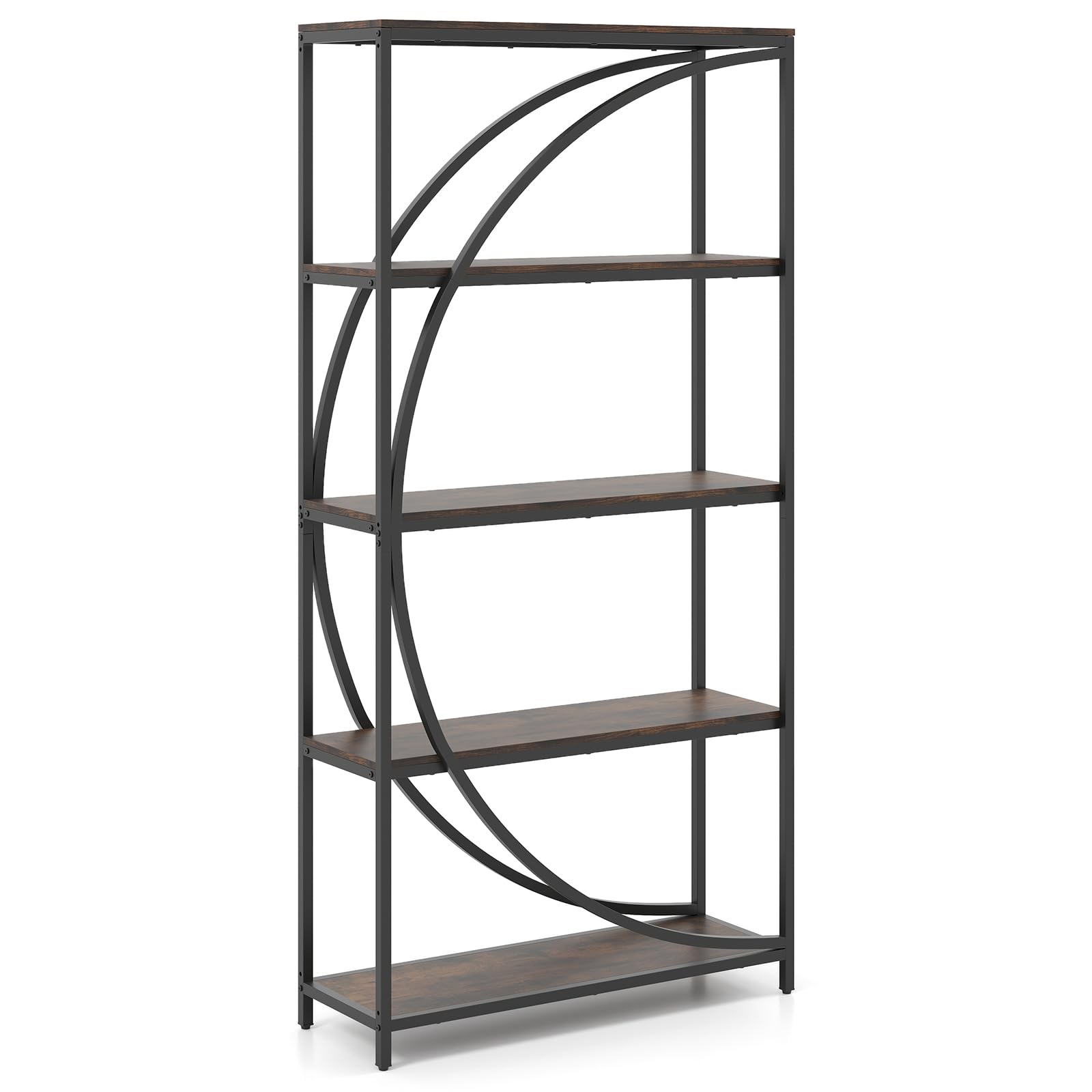 GIANTEX Estantería Alta de 5 Niveles, Librería Independiente en Forma de Media Luna con Estructura de Metal, Mueble de Exhibición para Salón, Estudio, Oficina, 86 x 30 x 175 cm (Marrón)