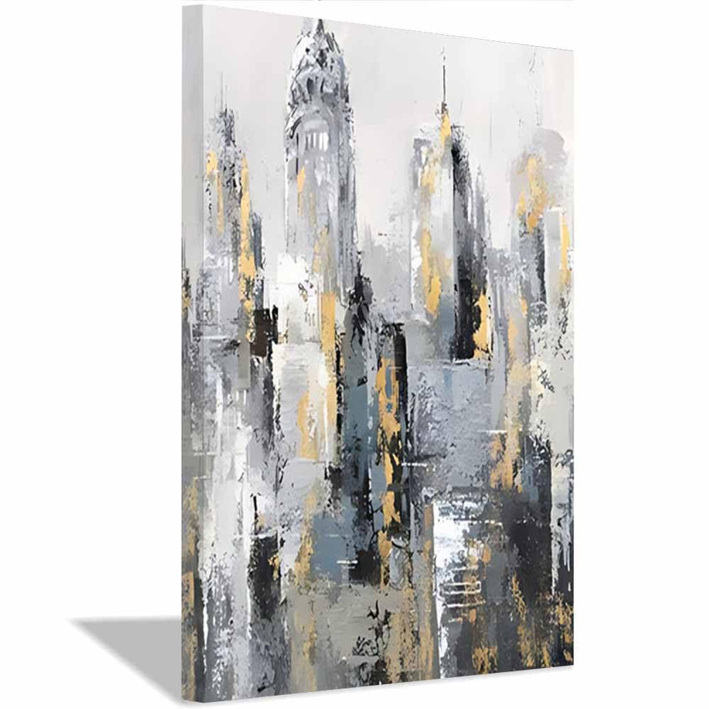 QUSAAOU Abstrakt Grau Gold Abstrakte Skyline Stadtbild Schlafzimmer Bilder Badezimmer Wand Deko Wohnzimmer Moderne Wanddeko Bilderwand Geschenk Abstrakt Kunst Modern(Grey)-70x100cm Ungerahmt