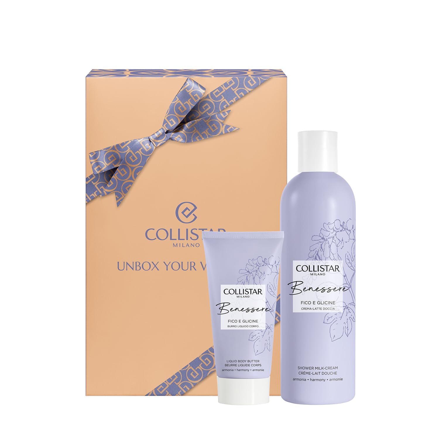 Collistar Cofanetto Regalo Donna Benessere Fico e Glicine con Crema-Latte Doccia 250ml + Burro Liquido Corpo 50ml, Idratante, Nutriente e Profumato per un Benessere Totale