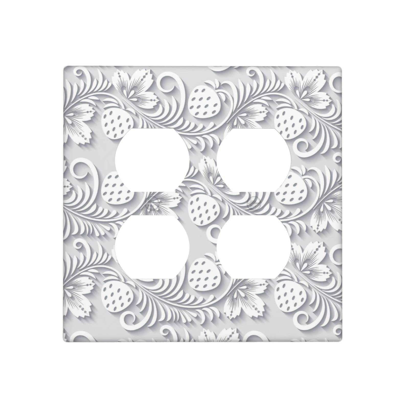White Floral Strawberry 2 Gang Duplex Receptacle Light Switch Cover Decorative Double Wall Plate Switch Plates and Outlet Cover Kitchen Bedroom Decor