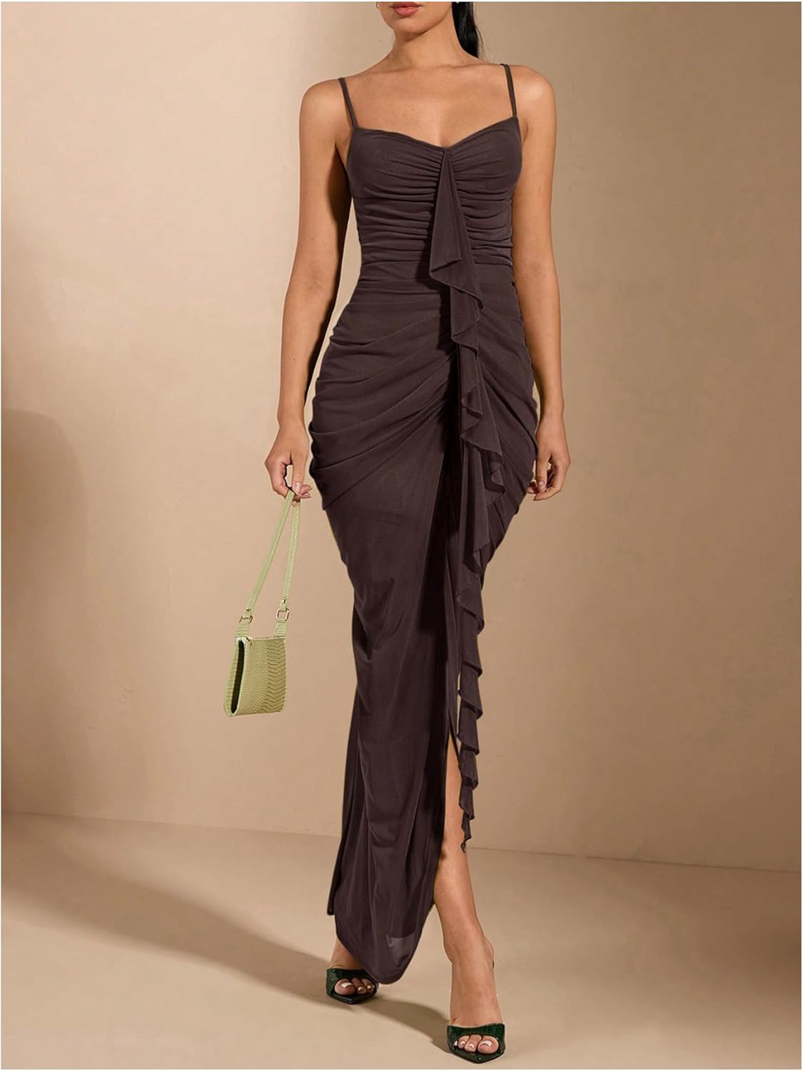 Floerns Women's Ruffle Ruched Cami Dress Draped Split Elegant Bodycon Maxi Dresses - Image 5