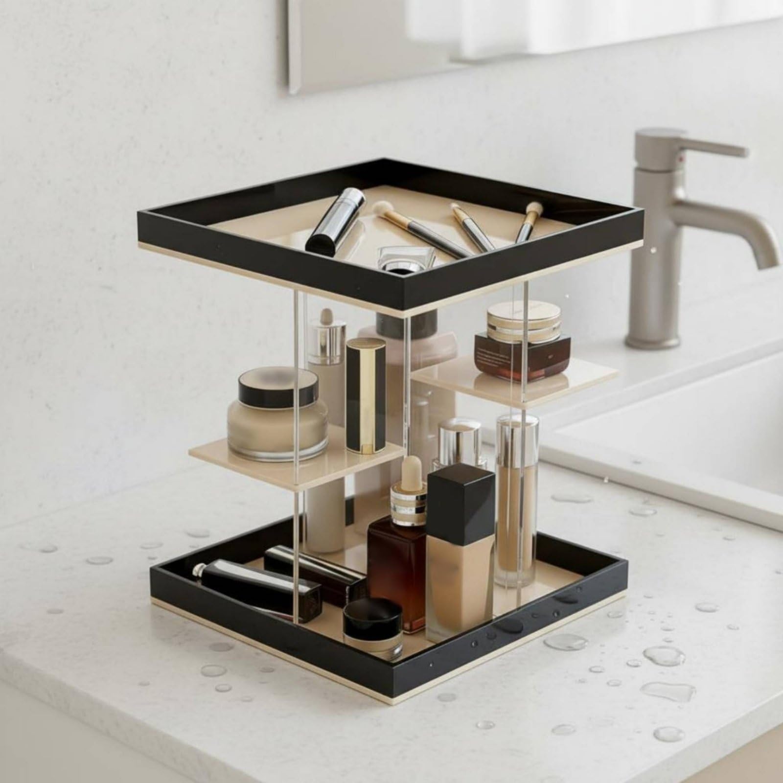 Bandeja Giratoria Acrílica Organizador Maquillaje Cosméticos Perfumes Accesorios Acrílico Grueso con Estabilidad para la Encimera Adecuada para, Model B 3-Drawer