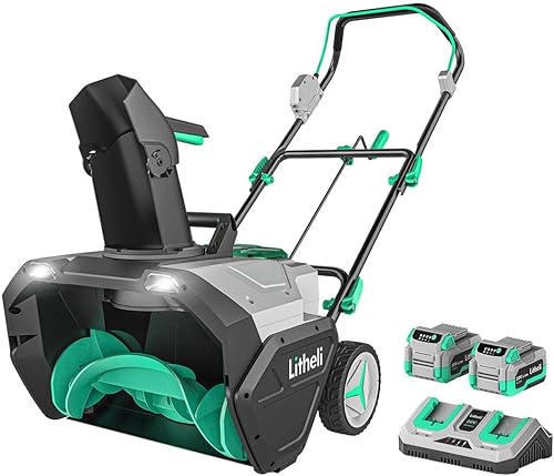 Litheli Soplador de nieve inalámbrico de 2 x 20 V, soplador de nieve de una etapa de 20 pulgadas con motor sin escobillas, luces LED, distancia de